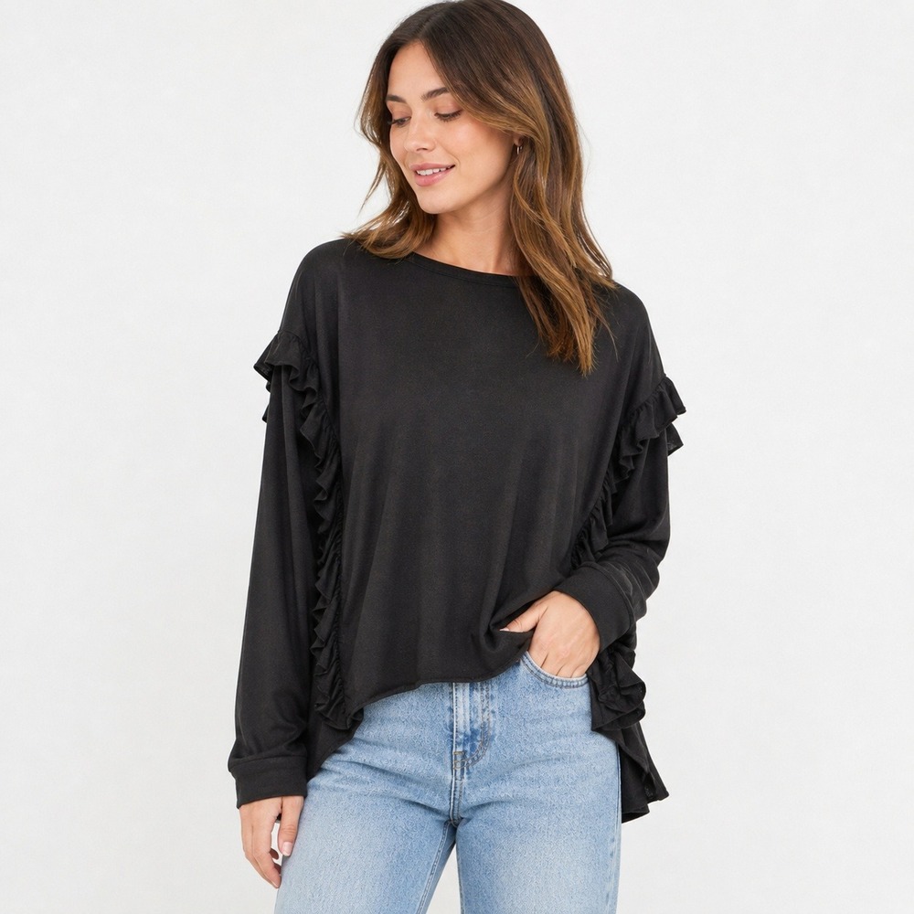 ESSENTIEL ANTWERP Ruffle Detail Long Sleeve Blouse Black Sz 36